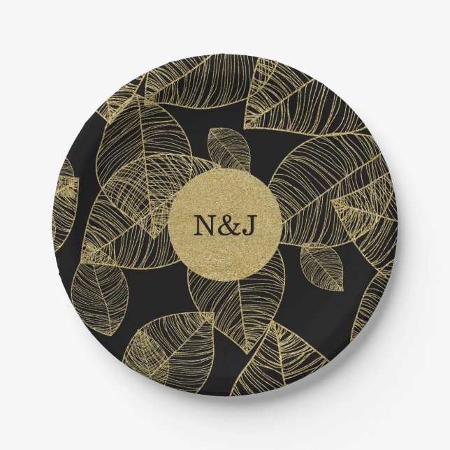 Gold Leaves on Black Elegant Wedding Party Paper Plate (Front)