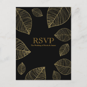 Gold Leaves on Black Elegant Wedding RSVP Card
