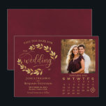 Gold Leaves on Burgundy Photo & Calendar Wedding Save The Date<br><div class="desc">This beautiful wedding Save the Date card features a burgundy and gold colored design with modern script lettering and a sprigs of hand painted watercolor leaves, vines, or foliage. There is space for your photo, the couple's name & wedding location, and a custom calendar where you can put a heart...</div>