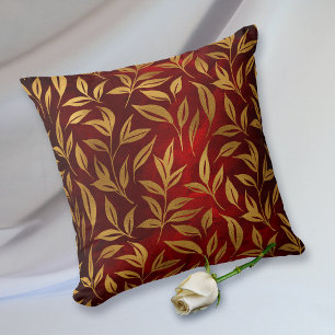 Gold Leaves on Burgundy Red Glow Cushion