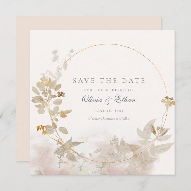 Gold Leaves on Gold Frame Save the Date (Front/Back)