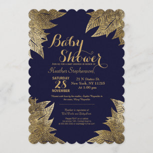 Gold Leaves on Navy Blue Baby Shower Invitations