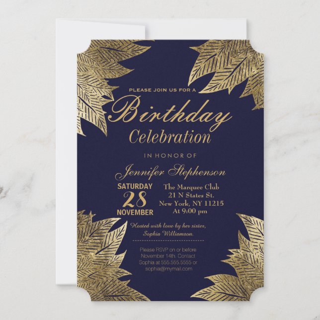 Gold Leaves on Navy Blue Birthday Party Invitation (Front)