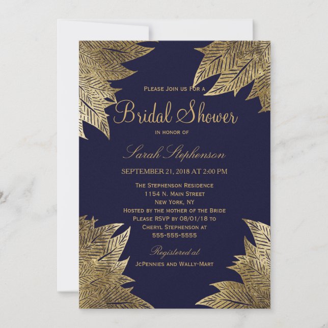 Gold Leaves on Navy Blue Bridal Shower Invitations (Front)