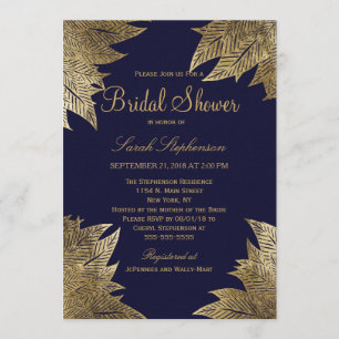 Gold Leaves on Navy Blue Bridal Shower Invitations