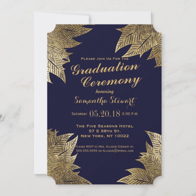 Gold Leaves on Navy Blue Graduation Ceremony Invitation (Front)