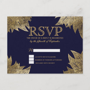 Gold Leaves on Navy Blue RSVP Postcards