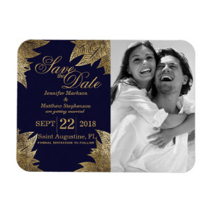 Gold Leaves on Navy Blue Save the Date Magnets