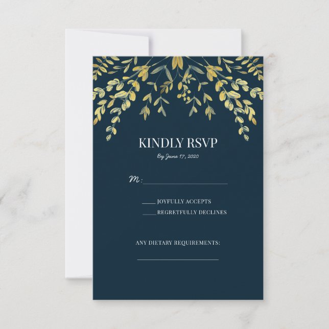 Gold Leaves on Navy formal wedding RSVP cards (Front)