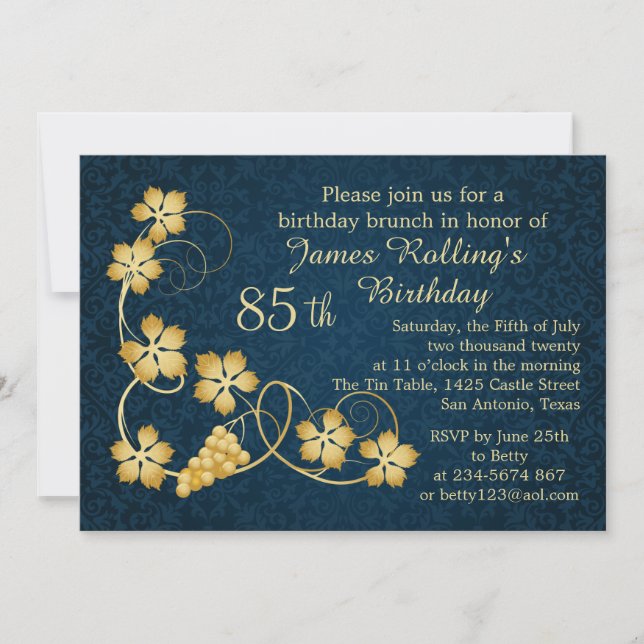 Gold leaves on vine, blue damask 85th Birthday Invitation (Front)