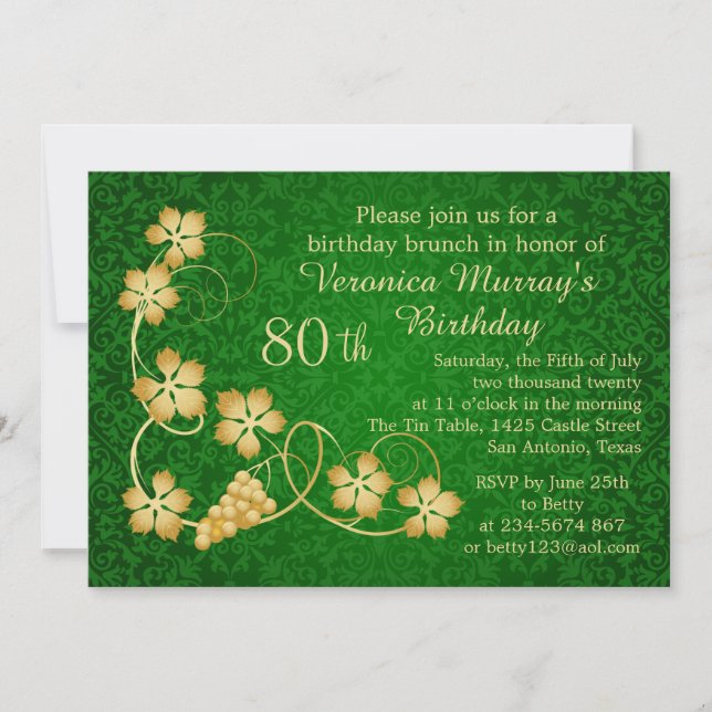 Gold leaves on vine, green damask 80th Birthday Invitation (Front)