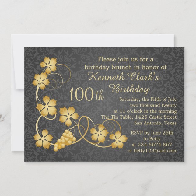 Gold leaves on vine, grey damask 100th Birthday Invitation (Front)