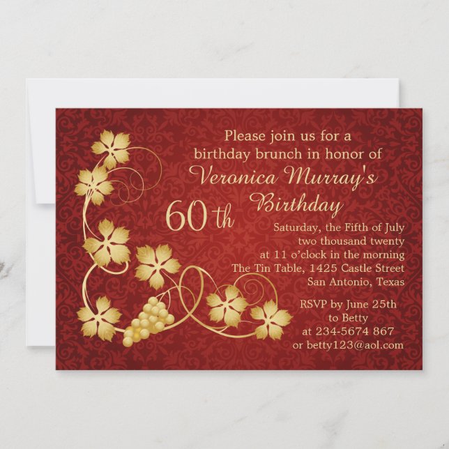 Gold leaves on vine, red damask 60th Birthday Invitation (Front)