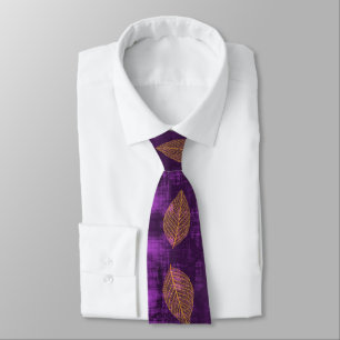 Gold Leaves on Violet Purple Satin look Tie