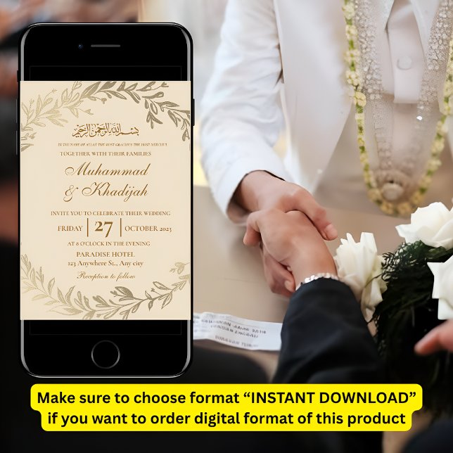 Gold Leaves Ornate Muslim Wedding Invitation Nikah (Creator Uploaded)