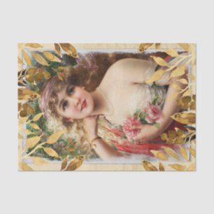 Gold Leaves Overlay Victorian Woman Pink Roses Tissue Paper