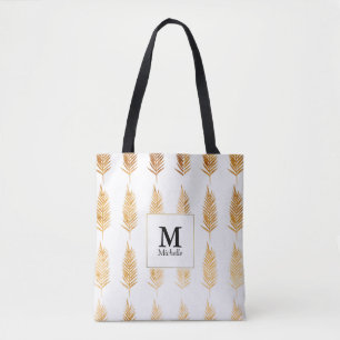 Gold Leaves Pattern Monogram Tote Bag
