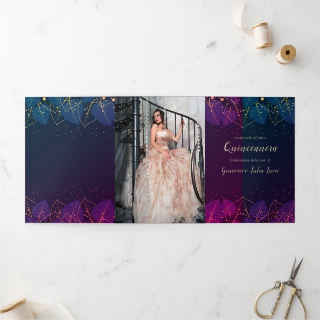 Gold Leaves Quinceanera Party Invitation (Outside)