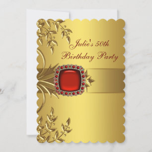 Gold Leaves Red Jewel Womans 50th Birthday Party Invitation