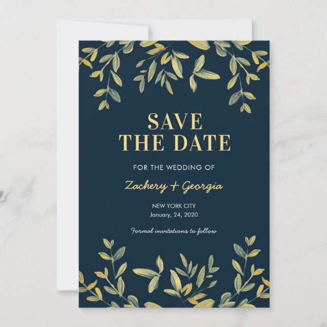 Gold Leaves Save the date wedding invitations (Front)