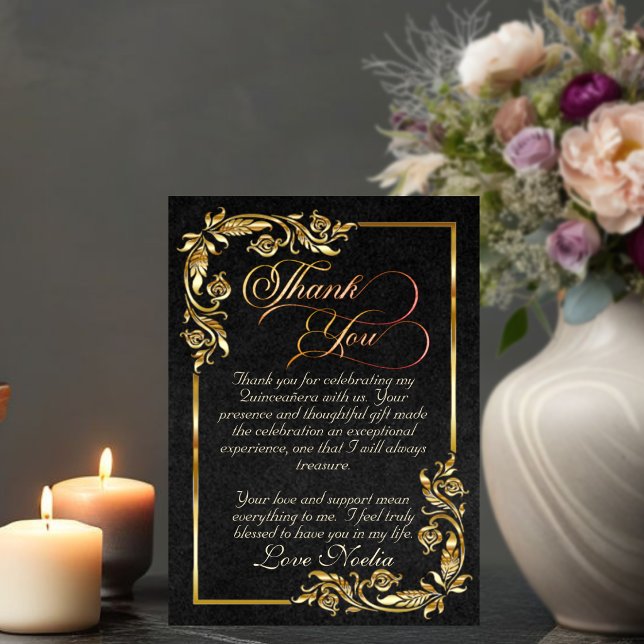 Gold Leaves & Tiara - Black Quinceanera Thank You Card (Creator Uploaded)