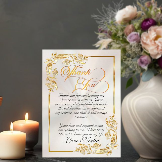 Gold Leaves & Tiara - Pearl Quinceanera Thank You Card (Creator Uploaded)