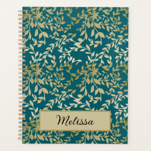 Gold Leaves Vines Botanical Floral Dark Teal Planner