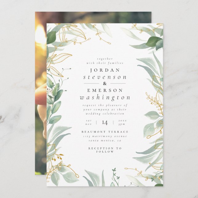 Gold Leaves & Watercolor Branches | Wedding Photo Invitation (Front/Back)