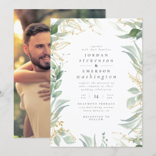 Gold Leaves & Watercolor Branches   Wedding Photo Invitation