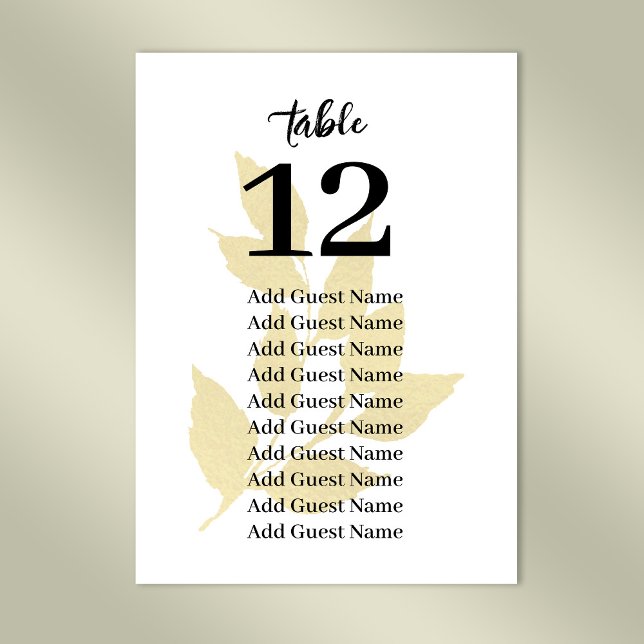 Gold Leaves Wedding Table Number Seating Chart (Stylishly Personalize with Your Custom Table Number & Guest Names.)