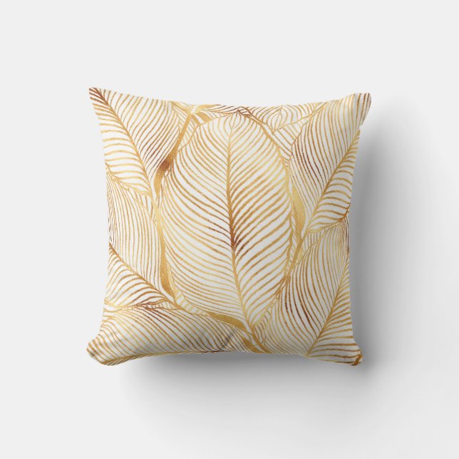 Gold Leaves White Elegant Pattern Cushion (Front)