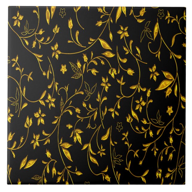 Gold leaves with black back ground ceramic tile (Front)
