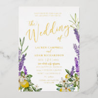 Gold Lemon & Lavender Foliage Wedding Invitation