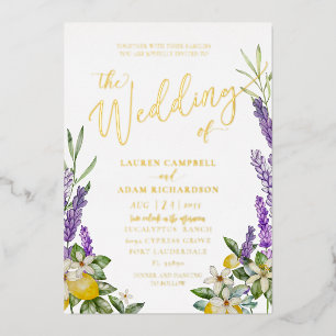 Gold Lemon & Lavender Foliage Wedding Invitation