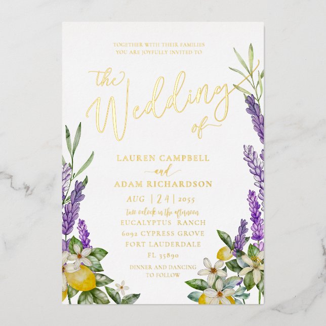 Gold Lemon & Lavender Foliage Wedding Invitation (Front)