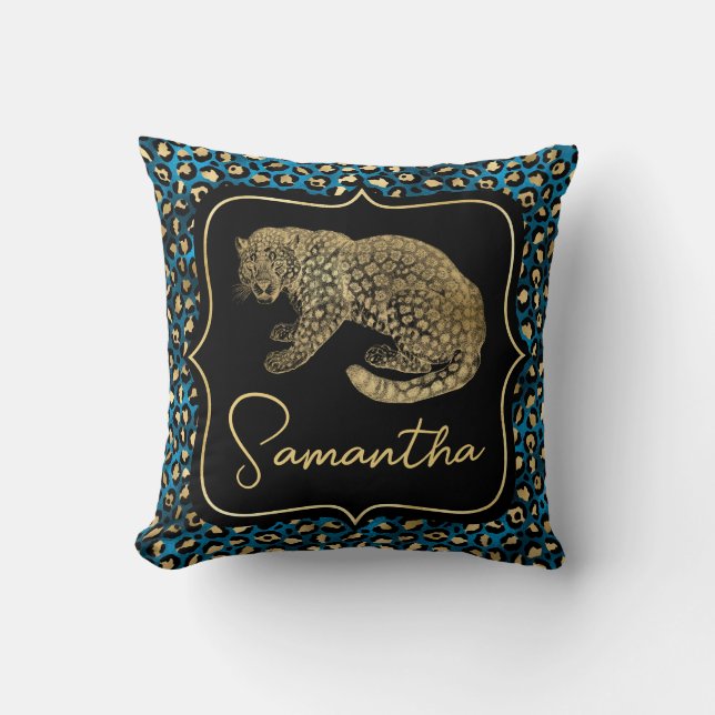 Gold Leopard and Blue Leopard Print Cushion (Front)