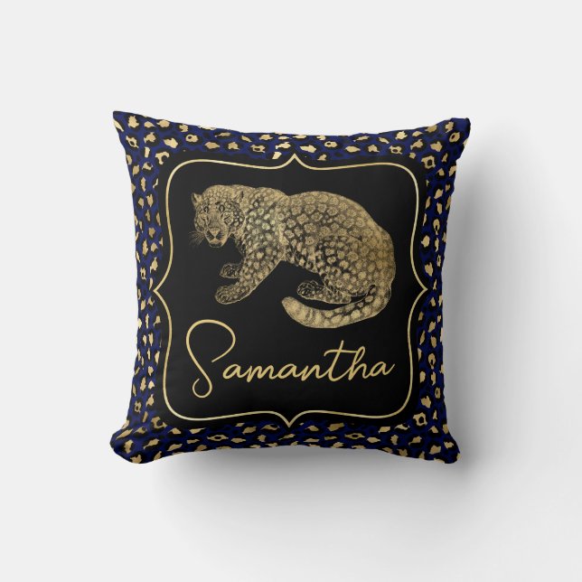 Gold Leopard and Blue Leopard Print Cushion (Front)