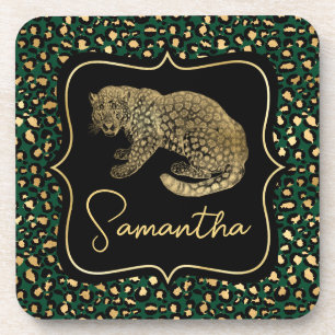 Gold Leopard and Green Leopard Print Coaster