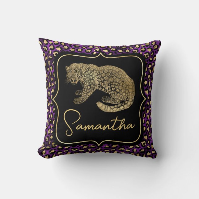 Gold Leopard and Purple Leopard Print Cushion (Front)