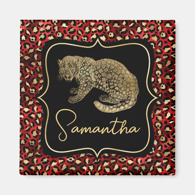 Gold Leopard and Red Leopard Print Magnet (Front)