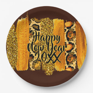Gold & Leopard Brush Stroke Happy New Year 20xx 9" Paper Plate