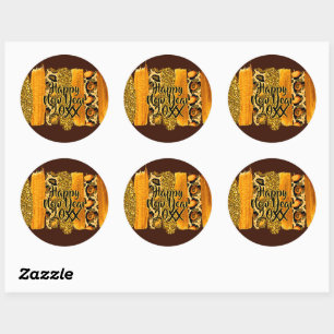Gold & Leopard Brush Stroke Happy New Year 20xx Classic Round Sticker