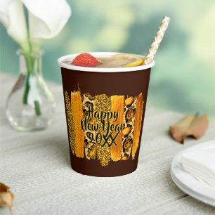 Gold & Leopard Brush Stroke Happy New Year 20xx Paper Cups