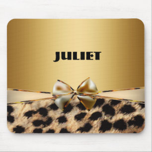 Gold Leopard Cheetah Animal Print Bow Mouse Pad