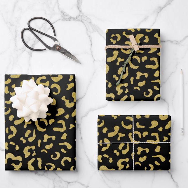 Gold Leopard, Gold Glitter, Leopard Pattern Wrapping Paper Sheet (Front)