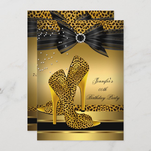 Gold Leopard High Heel Black Bow Birthday Party 2 Invitation (Front/Back)