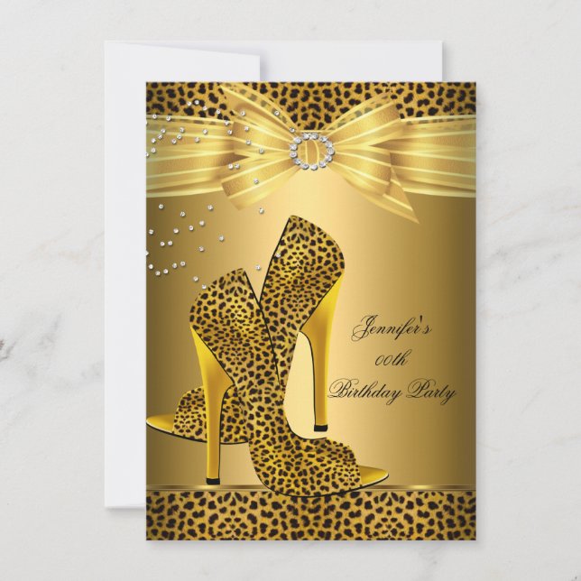 Gold Leopard High Heel Black Bow Birthday Party Invitation (Front)
