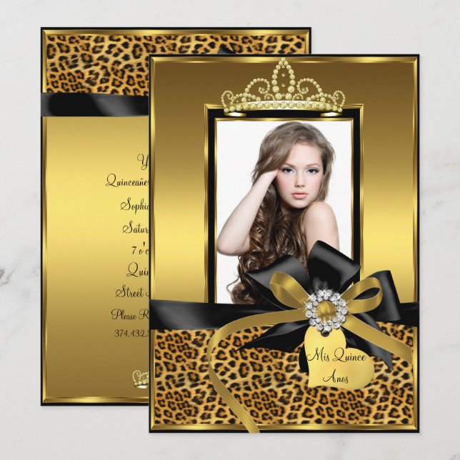 Gold Leopard Print Bow Photo Quinceanera Invite (Front/Back)