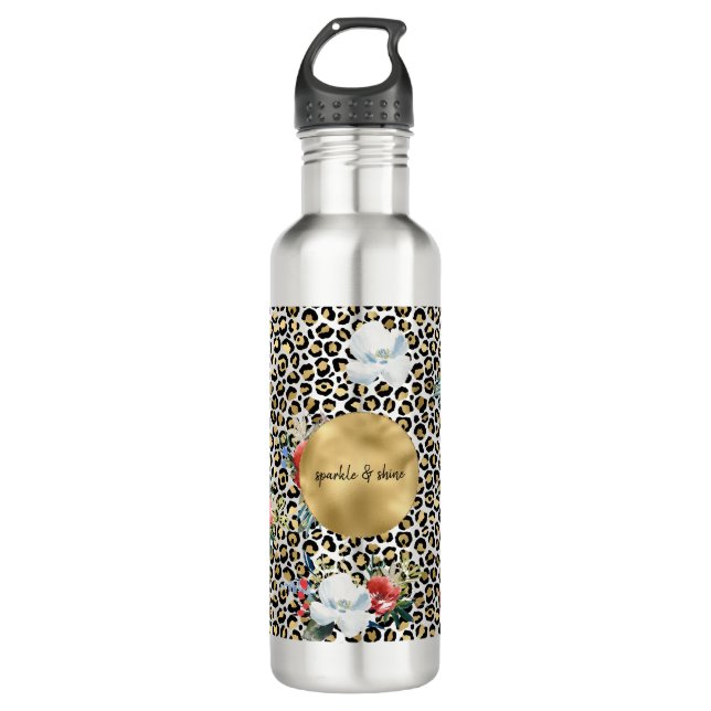 Gold Leopard Print Floral personalised quote 710 Ml Water Bottle (Front)