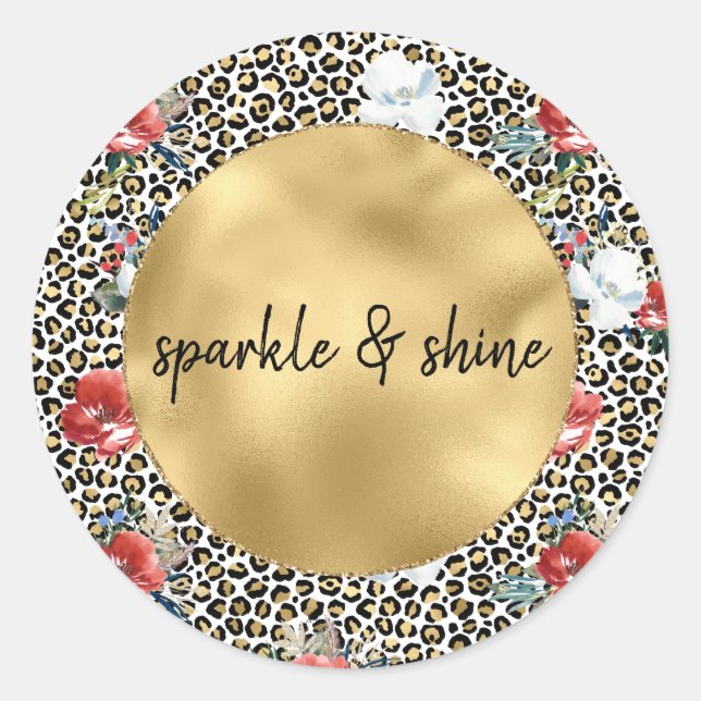 Gold Leopard Print Floral personalised quote Classic Round Sticker (Front)
